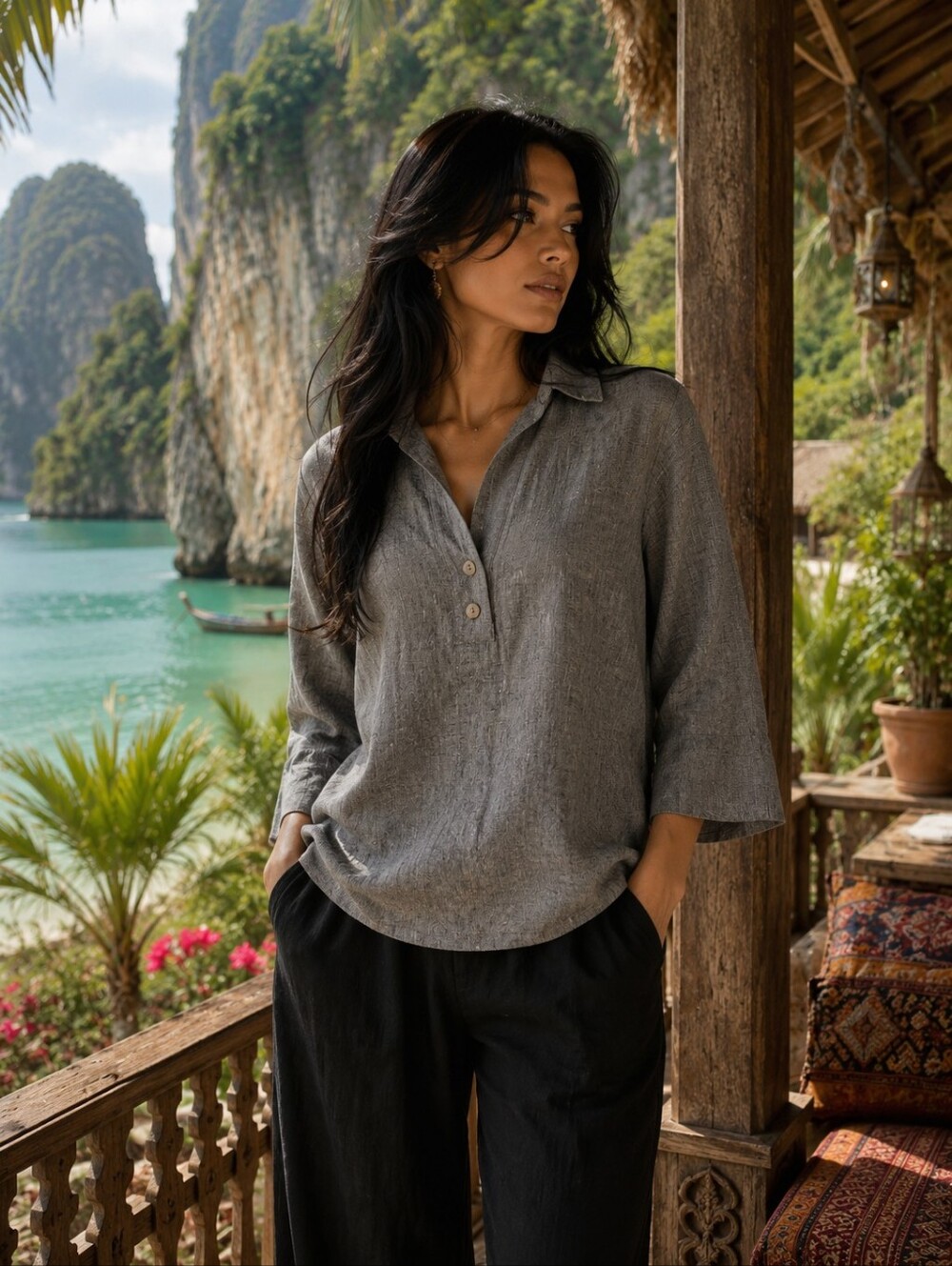Hinson Wu Relaxed Grey 100% Linen Button Tunic Size 8